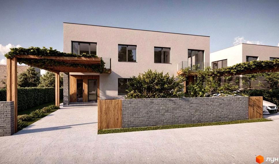 Котеджне містечко КМ на Тракті Глинянському: двоповерхові будинки з дерев'яними перголами, засадженими рослинами, та цегляною огорожею. На прибудинковій території видно зелені насадження та паркувальне місце з автомобілем.