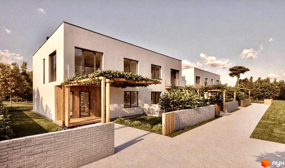 Сучасний котеджний комплекс КМ на Тракті Глинянському з зеленими зонами та доглянутою територією. Зовнішній вигляд будинків та прибудинкової території.