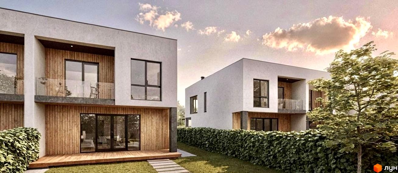 Зовнішній вигляд котеджного містечка КМ на Тракті Глинянському з дерев'яними фасадами та скляними балконами. Навколо будівель зелений газон та кущі.