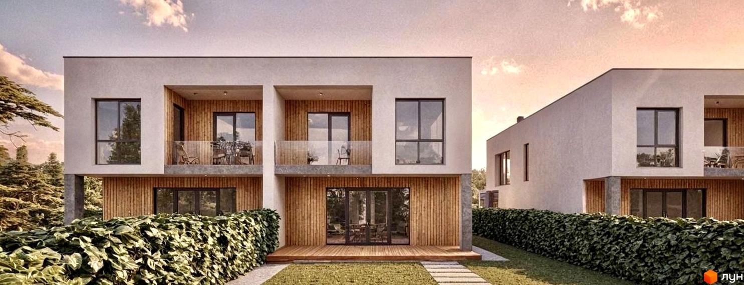 Котеджне містечко КМ на Тракті Глинянському: двоповерхові будинки з дерев'яним оздобленням фасаду, великими вікнами та балконами, оточені зеленню та доріжками.