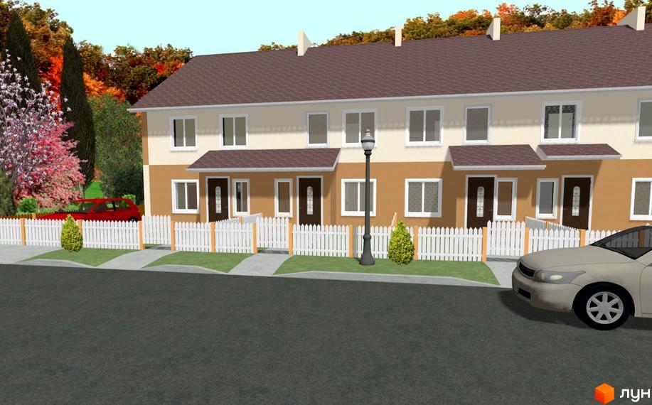Зображення сторінки житлового комплексу. На фото зображено ряд таунхаусів з коричневими дахами та світлими фасадами. Перед будинками розташована біла огорожа та невеличка зелена зона.