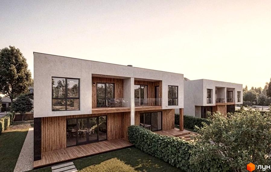 Котеджне містечко КМ на Тракті Глинянському: двоповерхові будинки з дерев'яним оздобленням та скляними балконами, зелена прибудинкова територія.