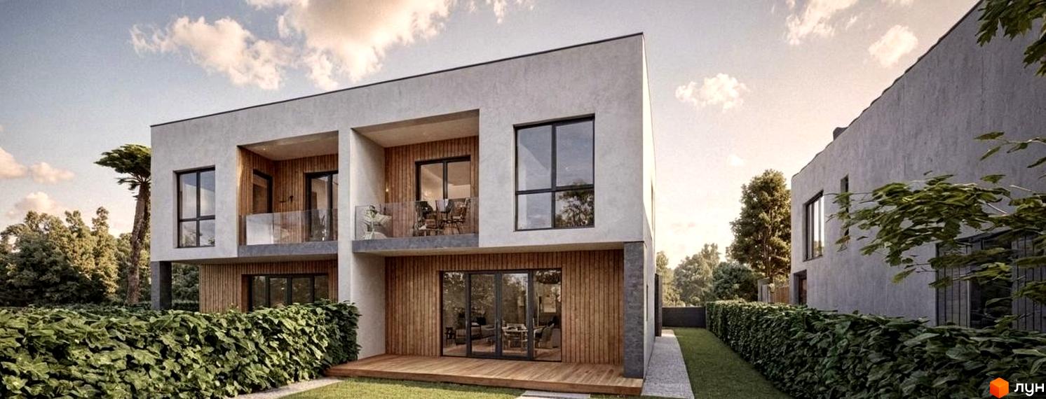 Котеджне містечко КМ на Тракті Глинянському – двоповерхові будинки з дерев'яними елементами та скляними балконами, оточені зеленню та газонами.