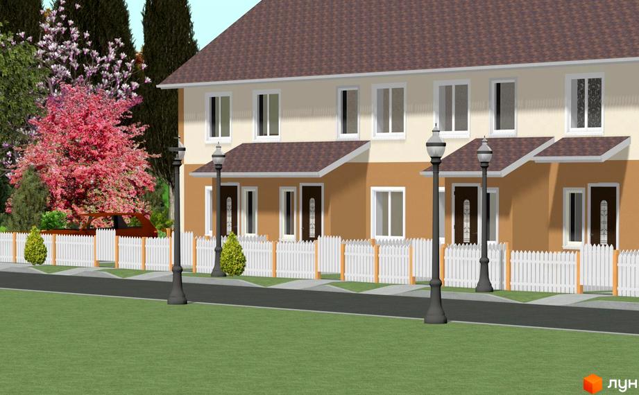 Зображення сторінки житлового комплексу. Таунхауси мають двоповерхову конструкцію з коричневим дахом та світлими стінами. Перед будинками розташована біла огорожа та зелена зона.