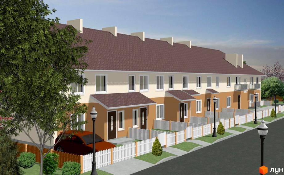 Зображення сторінки житлового комплексу. Таунхауси з коричневою черепицею, світлими стінами та невеликими галявинами перед будинками. На території є білі паркани, ліхтарі та дерева.