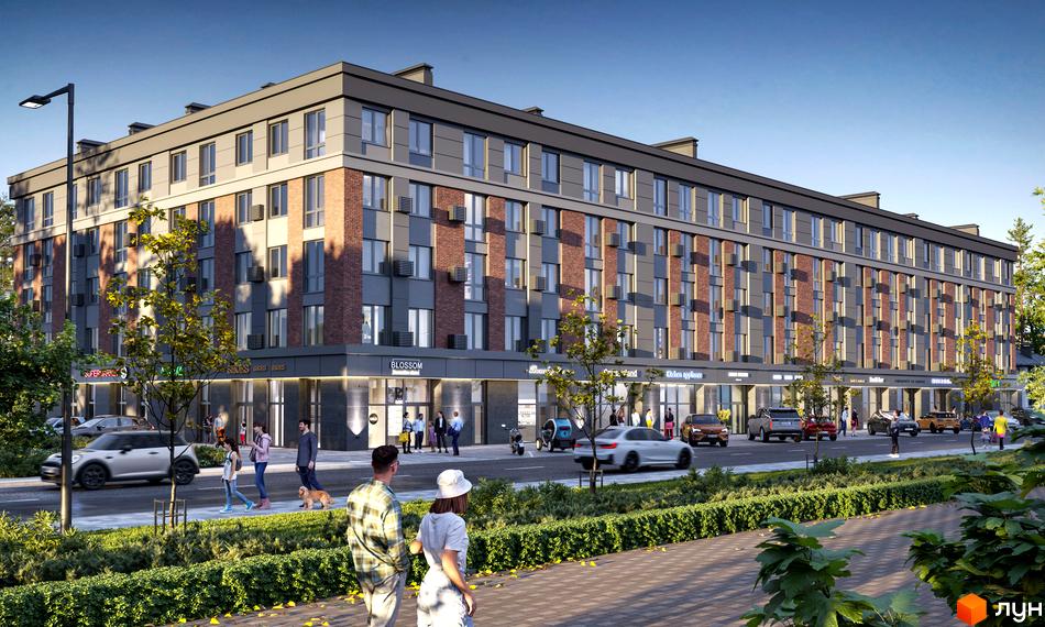 Зовнішній вигляд комплексу Kvartal Soborna з цегляними та сірими фасадами, вікнами та кондиціонерами, а також прибудинковою територією з деревами та пішохідною доріжкою.