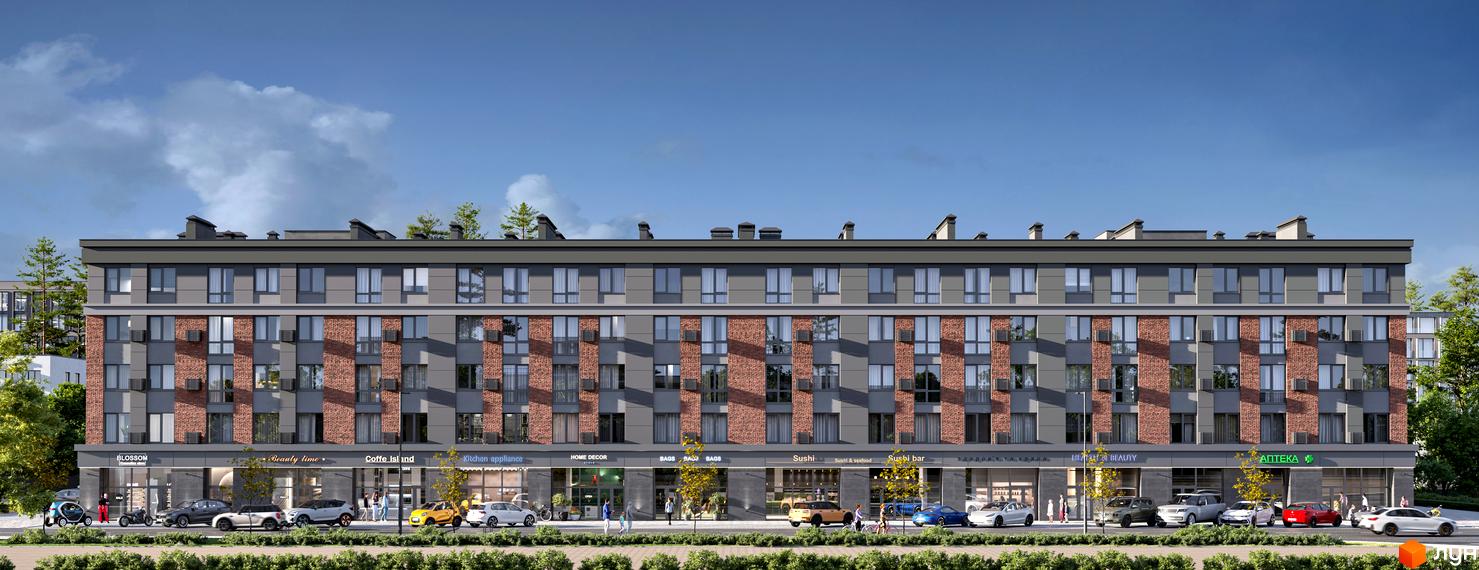 Фасад житлового комплексу Kvartal Soborna з цегляними та сірими вставками, вікнами та комерційними приміщеннями на першому поверсі. Перед будинком розташовані дерева, кущі та автомобілі.