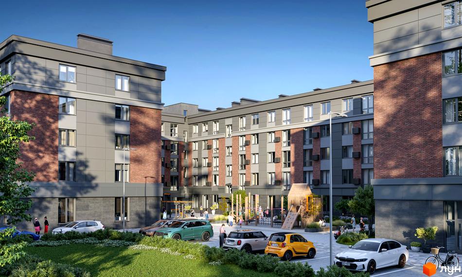 Зовнішній вигляд новобудови Kvartal Soborna з цегляними та сірими фасадами, дитячим майданчиком та парковкою. Сучасний житловий комплекс з озелененою територією.