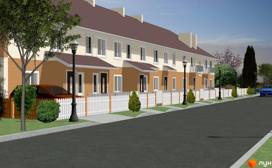 Зображення житлового комплексу. Двоповерхові будинки з коричневими дахами та світлими фасадами. Перед будинками білий паркан та зелені насадження.