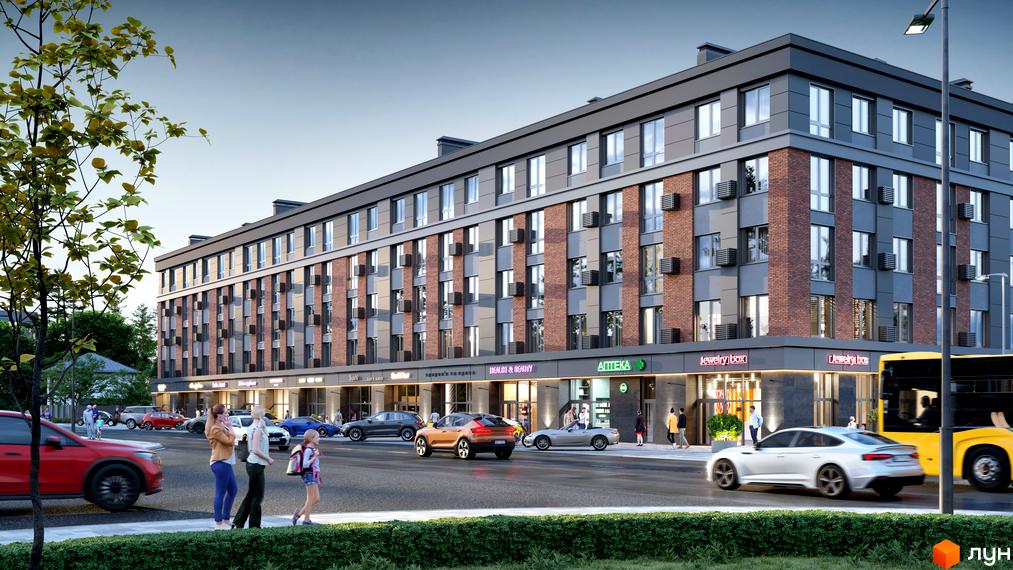 Зовнішній вигляд новобудови Kvartal Soborna з цегляними та сірими фасадами, вікнами та кондиціонерами, з прибудинковою територією та дорогою з автомобілями.