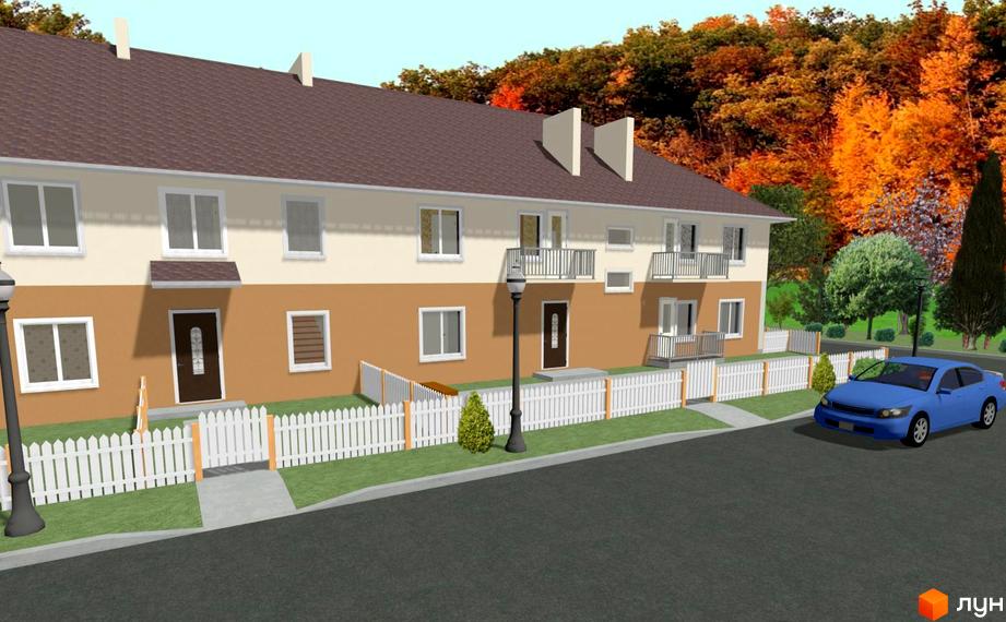 Зображення житлового комплексу. Триповерхові таунхауси з коричневим дахом та світлими фасадами. Перед будинками розташована біла огорожа та газон, а також припаркований синій автомобіль.