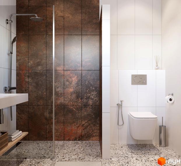 Сучасний дизайн ванної кімнати в житловому комплексі MÓNTES invest & resort з душовою кабіною та підвісним унітазом.