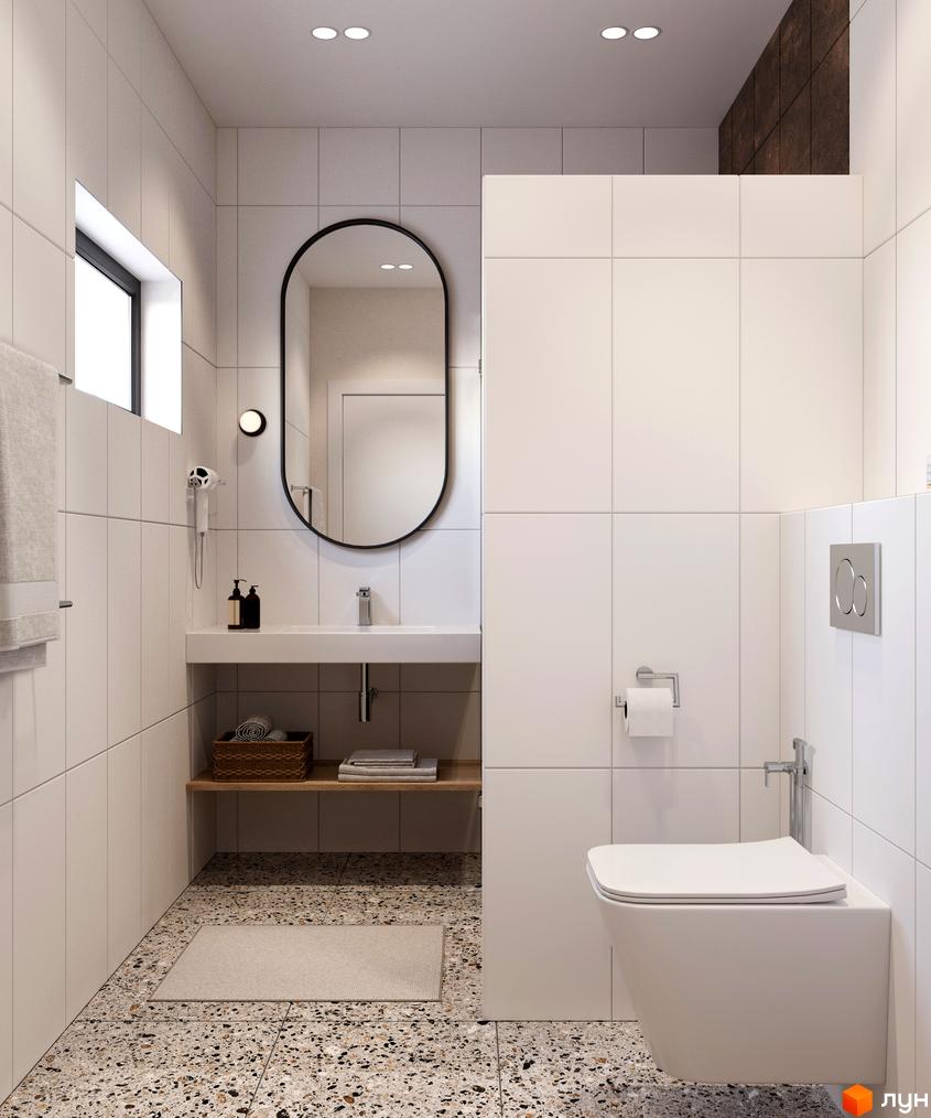 Сучасний дизайн ванної кімнати в новобудові MÓNTES invest & resort з білою плиткою, дзеркалом та підвісним унітазом.