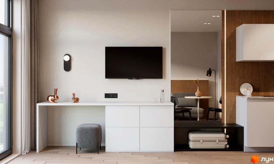 Інтер'єр студії з меблями, телевізором та декором. MÓNTES invest & resort - новобудова з сучасним дизайном.