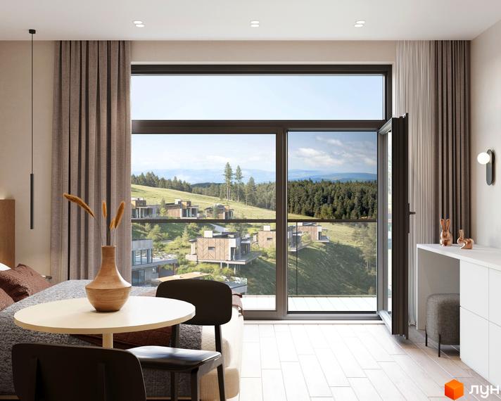 Інтер'єр номера з панорамним вікном, що виходить на гірський ландшафт з котеджами MÓNTES invest & resort. Зовнішній вигляд будинків та прибудинкова територія.