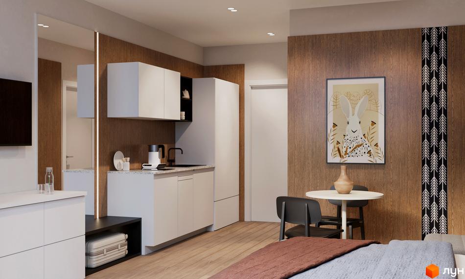 Інтер'єр студії з міні-кухнею, обідньою зоною та зоною відпочинку в MÓNTES invest & resort. Сучасне житло для комфортного життя.