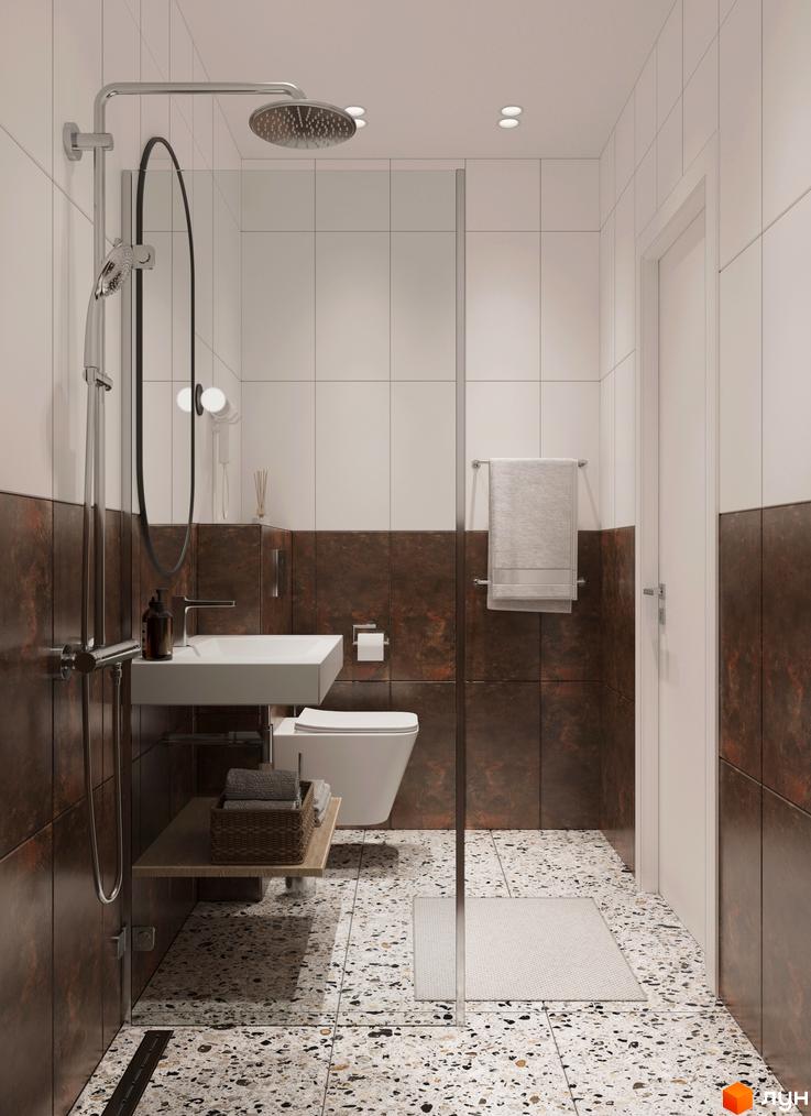 Сучасний дизайн ванної кімнати з душовою кабіною, раковиною та унітазом. Тераццо на підлозі та темні акценти на стінах створюють елегантний вигляд.