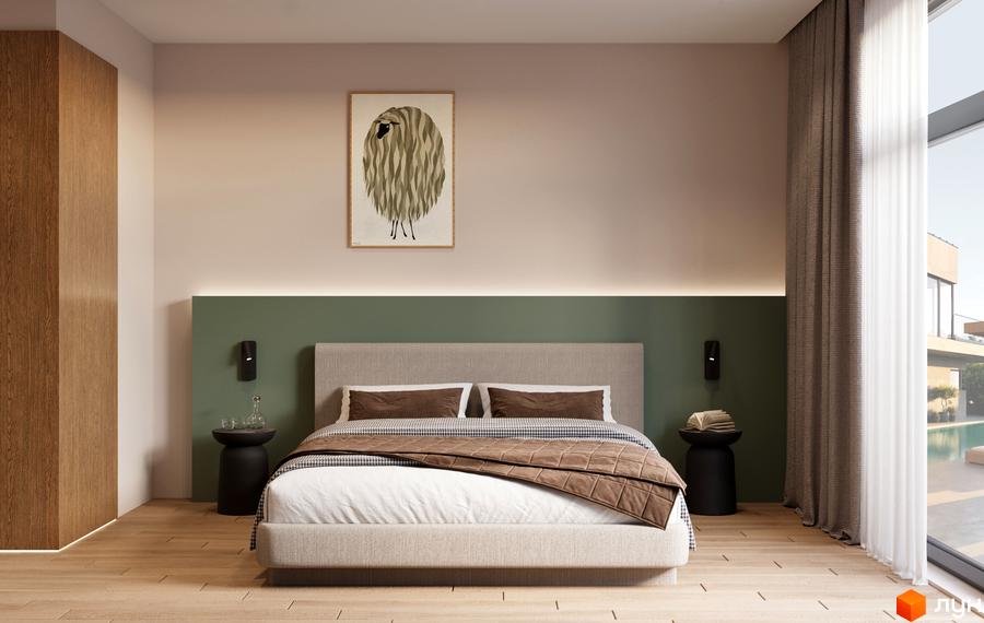 Спальня в комплексі MÓNTES invest & resort з картиною на стіні та видом на басейн.