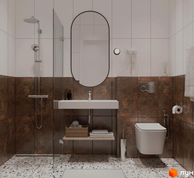 Сучасний дизайн ванної кімнати в новобудові MÓNTES invest & resort з душовою кабіною, раковиною та туалетом. Оздоблення стін та підлоги.