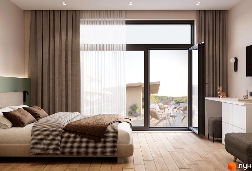 Спальня з виходом на терасу в житловому комплексі MÓNTES invest & resort. Тераса з вуличними меблями та зеленню.