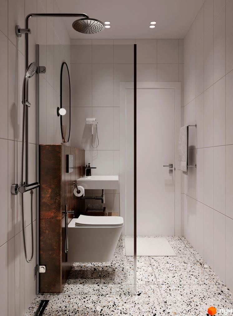 Сучасний дизайн ванної кімнати в житловому комплексі MÓNTES invest & resort з душовою кабіною, унітазом та раковиною. Оздоблення стін білою плиткою, підлога з terrazzo.