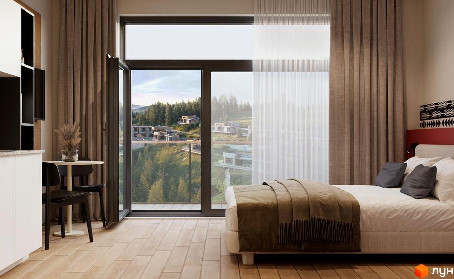 Інтер'єр спальні з панорамним вікном, що виходить на гірський ландшафт з новобудовами MÓNTES invest & resort. Відкривається вид на сучасні будинки серед зелених схилів.