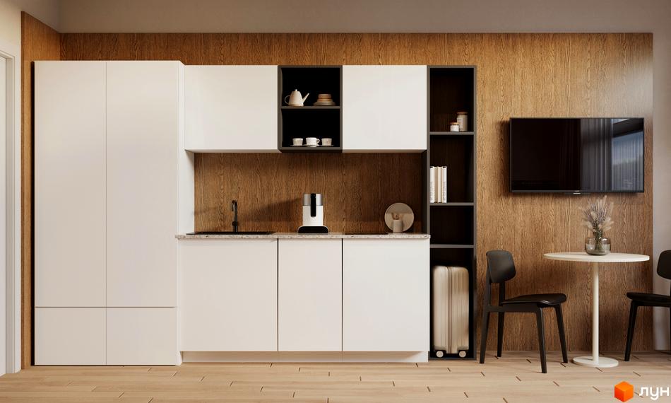 Інтер'єр квартири з білими кухонними фасадами, дерев'яними панелями на стінах та телевізором. MÓNTES invest & resort – новий житловий комплекс.