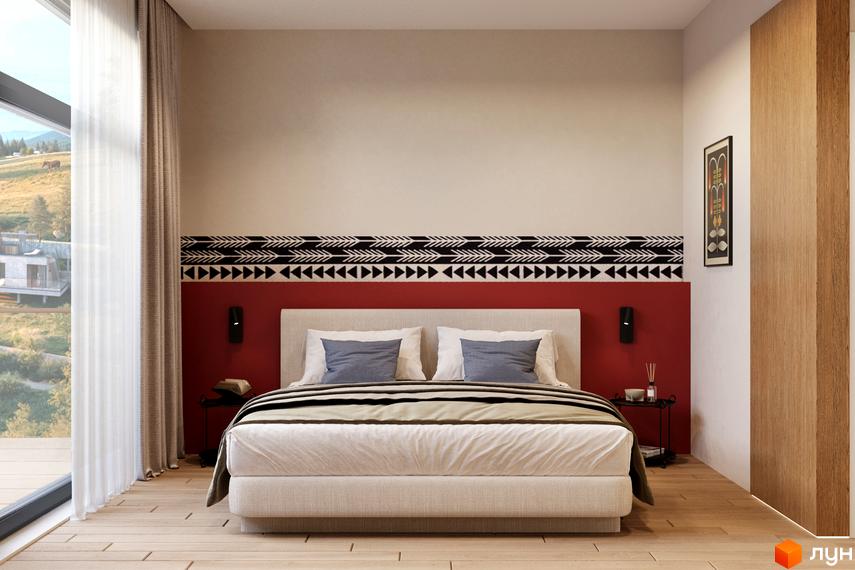 Спальня в новобудові MÓNTES invest & resort з панорамним вікном та видом на гори. Дизайн інтер'єру з етнічними мотивами.