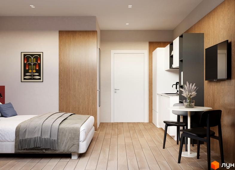 Інтер'єр студії в MÓNTES invest & resort з ліжком, кухонною зоною та обіднім столом. Сучасний дизайн та функціональне планування.