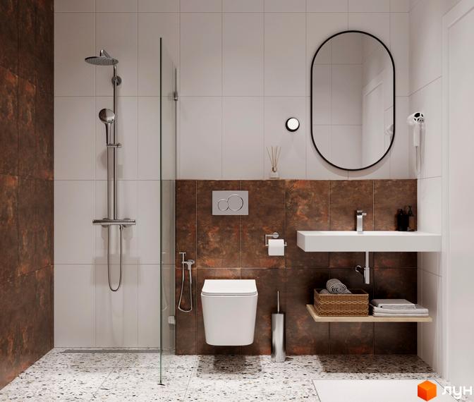 Сучасний дизайн ванної кімнати в житловому комплексі MÓNTES invest & resort з душовою кабіною, унітазом та раковиною. Оздоблення стін та підлоги виконано в коричневих та білих тонах.