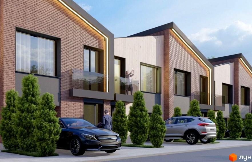 Зовнішній вигляд котеджного містечка КМ Smart village з цегляними фасадами, дерев'яними вставками та скляними балконами. Перед будинками розташовані зелені насадження та автомобілі.