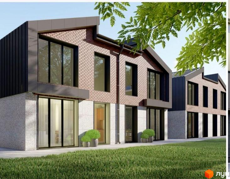 Котеджне містечко КМ Smart village: двоповерхові будинки з цегляним фасадом та великими вікнами, зелена галявина перед будинками.