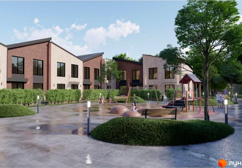 Котеджне містечко КМ Smart village: фасади будинків з цегли та дерева, дитячий майданчик та зелена зона відпочинку. Новобудова з сучасним дизайном.