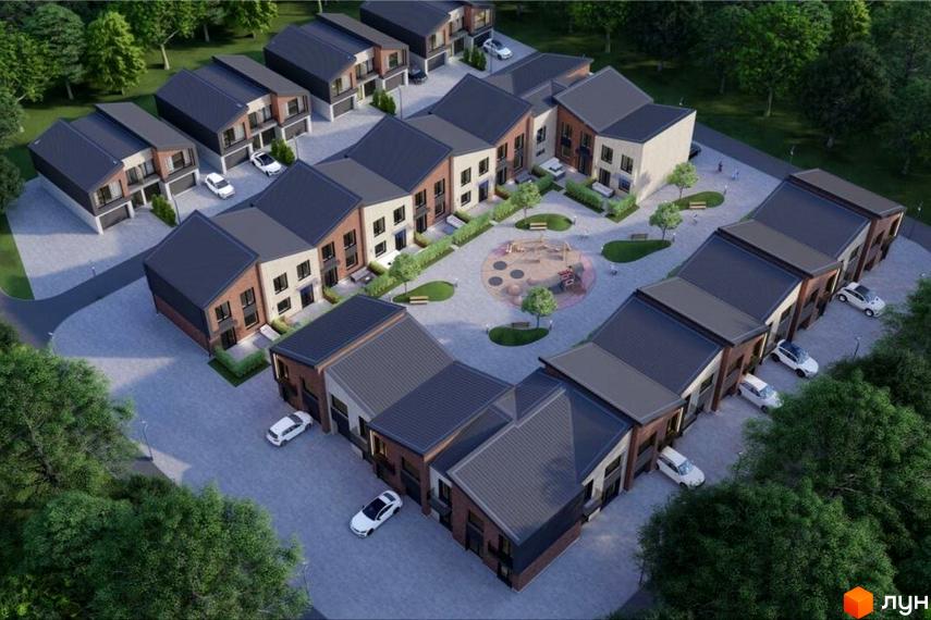 Котеджне містечко КМ Smart village: сучасні будинки з темними дахами та цегляними фасадами, дитячий майданчик та зелені зони.