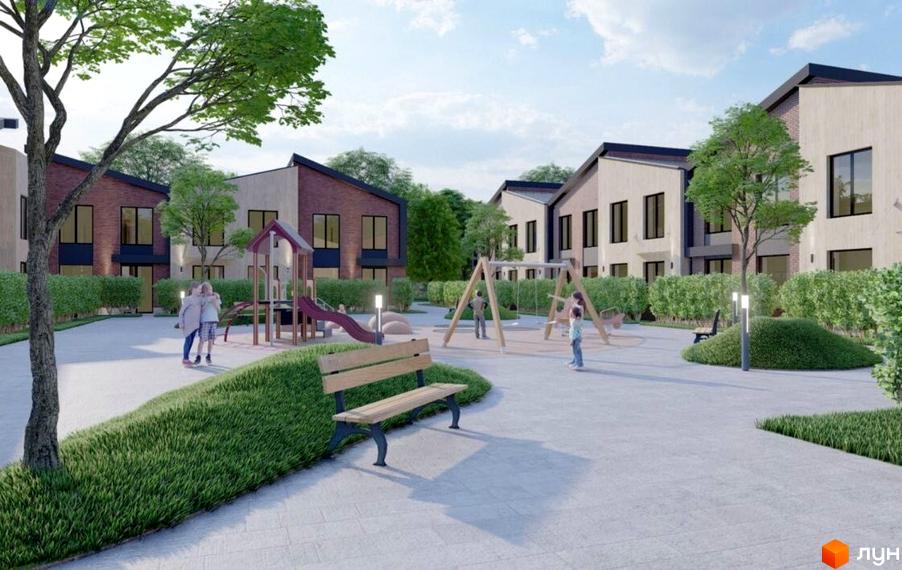Котеджне містечко КМ Smart village: фасади будинків з цегли та штукатурки, дитячий майданчик, гойдалки та лавки на подвір'ї.