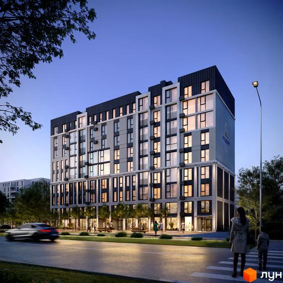 Житловий комплекс Смарагд – багатоповерхова новобудова з панорамними вікнами та комерційними приміщеннями на першому поверсі. Територія навколо будинку озеленена деревами та освітлена.