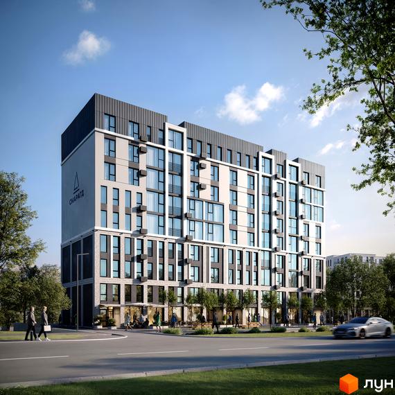 Новобудова Смарагд – це багатоповерховий будинок з панорамними вікнами та комерційними приміщеннями на першому поверсі. Територія навколо будинку озеленена деревами та облаштована для пішоходів.