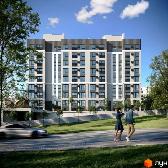 Житловий комплекс Смарагд - багатоповерхова новобудова з сірими та білими фасадами, великими вікнами та балконами. Навколо будинку зелена територія з деревами та дорогою.