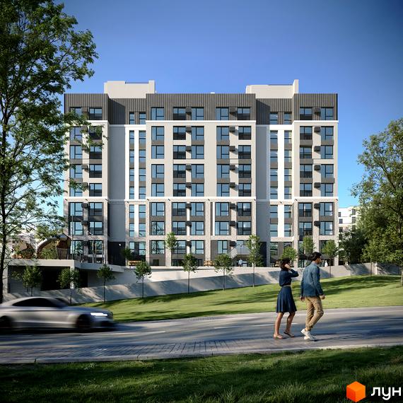 Житловий комплекс Смарагд: багатоповерхова новобудова з сірими та білими фасадами, великими вікнами, на тлі блакитного неба та зеленої прибудинкової території з дорогою.