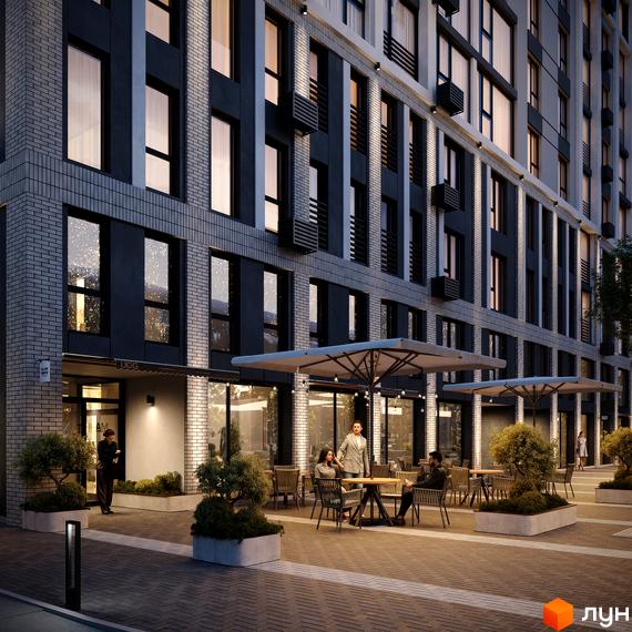 Житловий комплекс Смарагд: фасади будівель з вікнами та балконами, тераса з парасольками та людьми.