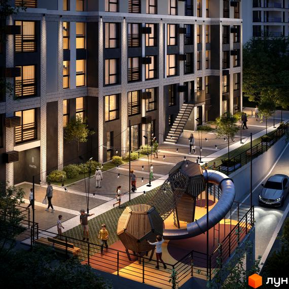 Житловий комплекс Смарагд: фасади будинку з підсвіткою та дитячий майданчик з гіркою та ігровими елементами.