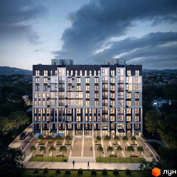 Житловий комплекс Смарагд: фасади будинку з численними вікнами та балконами, перед будинком облаштована прибудинкова територія з деревами та зонами відпочинку.