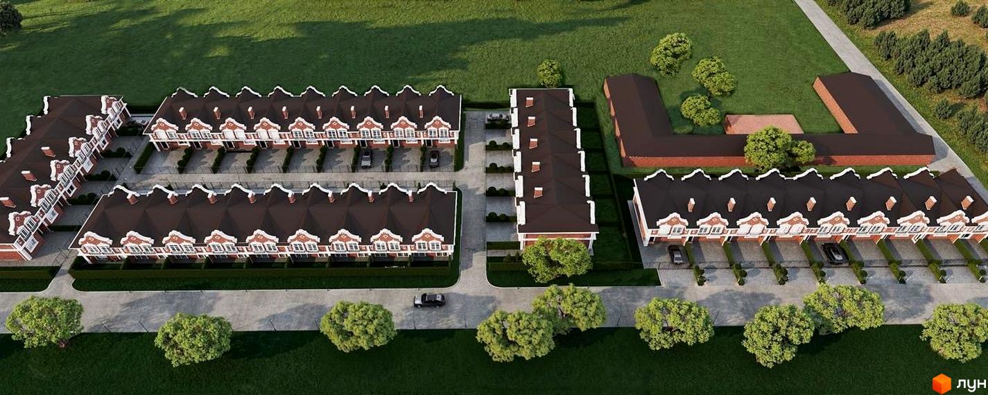 Зовнішній вигляд таунхаусів Cambridge Town з коричневими дахами та білими елементами фасаду, оточених зеленою територією та доглянутими газонами.