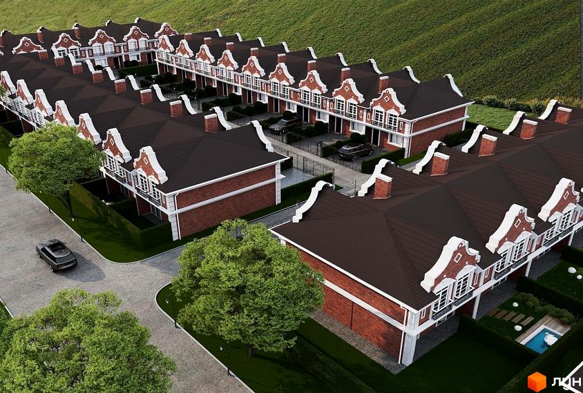 Таунхауси Cambridge Town з червоної цегли та білою обробкою, з коричневими дахами, розташовані на тлі зеленого пагорба. Прибудинкова територія з доглянутими газонами та деревами.