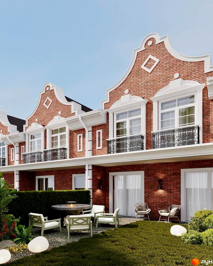 Таунхауси Cambridge Town з червоної цегли з білим декором та балконами, перед якими розташований зелений двір з меблями та освітленням.