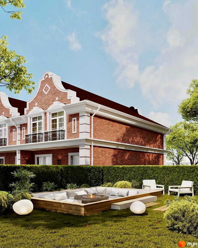 Таунхауси Cambridge Town з червоної цегли з білими елементами та балконами, оточені зеленню та зоною відпочинку з диванами та каміном.