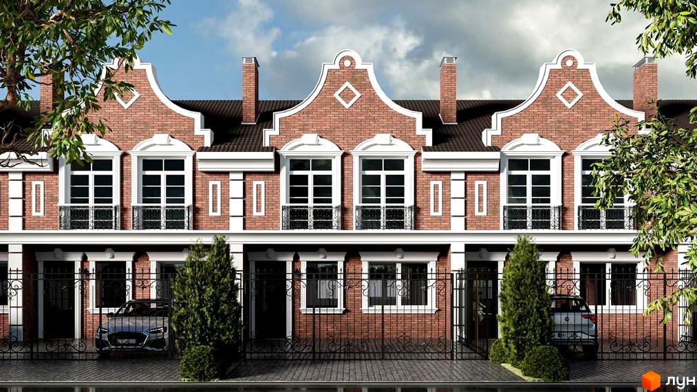 Таунхауси Cambridge Town з цегляним фасадом, білими вікнами та декоративними елементами. Огороджена територія з автомобілями та деревами.