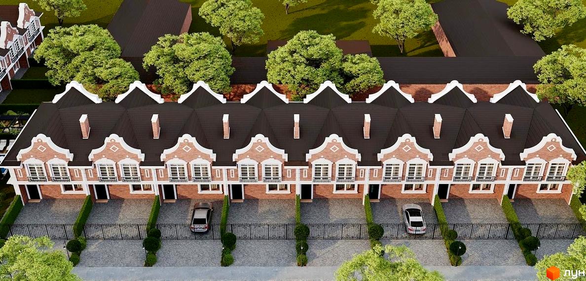 Зовнішній вигляд таунхаусів Cambridge Town з цегляним фасадом та темним дахом, прибудинкова територія з доглянутими деревами та парканом.