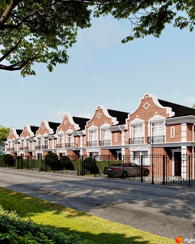 Таунхауси Cambridge Town у цегляному стилі з білими елементами фасаду, огороджені кованим парканом з доглянутими кущами та дорогою.