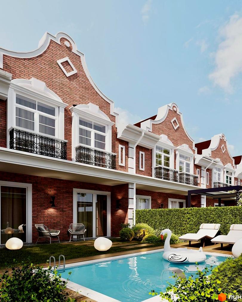 Таунхауси Cambridge Town з червоної цегли з білими елементами фасаду та балконами, поруч басейн з лебедем та шезлонги.